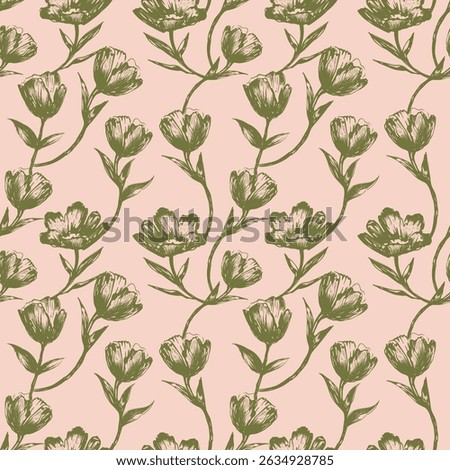Seamless Pattern with peonies, tulips in sketch style for wrapping paper, textile, girl clothes. Silhouette of Wildflowers peonies, roses and tulips. Botanical print, vintage style. stock graphics