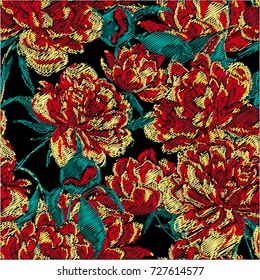 Seamless pattern with peonies. Vector embroidery.