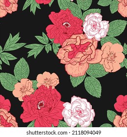 Seamless pattern with peonies Vector Illustration of floral seamless pattern red with pink floral on black background.