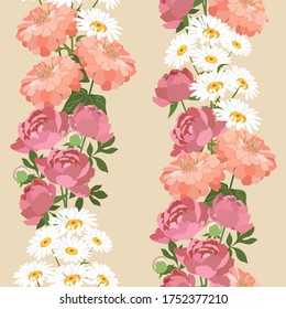 Seamless pattern with peonies,chamomile and chrysanthemum on beige background.Vector illustration.For decorating textiles, packaging, web design. Vertical.