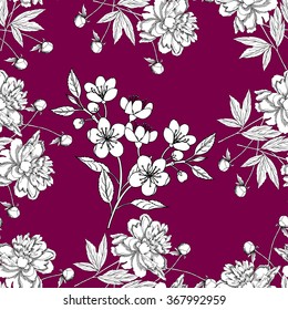 Seamless pattern with peony and apple tree. Hand drawn patten with spring garden flowers. Vector Illustration