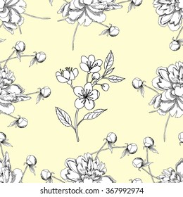 Seamless pattern with peony and apple tree. Hand drawn patten with spring garden flowers. Vector Illustration