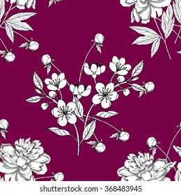 Seamless pattern with peony and apple tree. Hand drawn patten with spring garden flowers. Vector Illustration