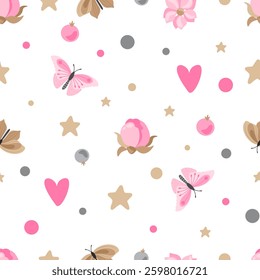 Seamless pattern with peony buds, butterflies and romantic elements. Print on fabric and wrapping paper. Vector illustration