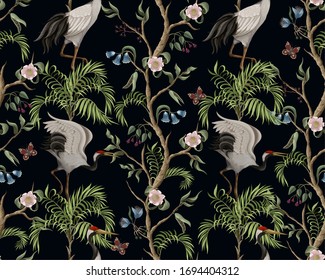 Seamless pattern  with peony bushes and cranes in chinoiserie style. Vector.