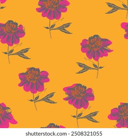 Seamless pattern with peony drawings overlay bright shapes