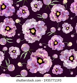 peonía de patrón sin costura. Flores vintage dibujadas peonías ramas, ramos sobre fondo morado. Gran textura floral. Ilustración vectorial de acciones