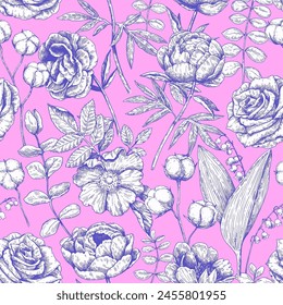 Seamless pattern with peony and eucalyptus in victorian engraving style. Vector illustration.