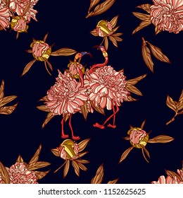 Seamless pattern with peony and flamingo on dark background. Vector illustration. Typography design elements for prints, cards, posters, products packaging, branding.