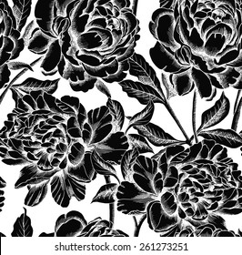 Seamless Pattern Peony Flower Black & White Inversion