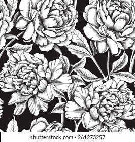 Seamless Pattern Peony Flower Black White Stock Vector (Royalty Free ...