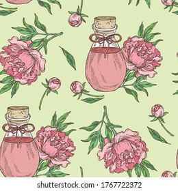 Seamless pattern with peony flower and bottle of peony essential oil. Cosmetic, perfumery and medical plant. Vector hand drawn illustration.