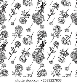 Seamless pattern with peony flower design with leaves, print design, Wrapping paper design in brush stroke texture. Hand drawn vector sketch illustration in vintage charcoal ink style. tissue, fashion