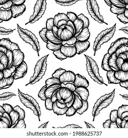 Seamless pattern Peony flower and leaf hand drawn botanical illustration with line art
