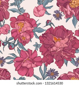 Seamless pattern peony flower on white background. Element for design. Hand-drawn contour lines and strokes. Fashion vector illustration with peonies.