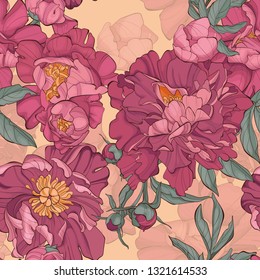 Seamless pattern peony flower on yellow background. Element for design. Hand-drawn contour lines and strokes. Vector illustration with peonies.