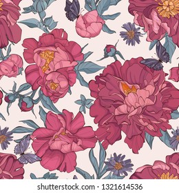 Seamless pattern peony flower on white background with butterfly. Element for design. Hand-drawn contour lines and strokes. Fashion vector illustration.