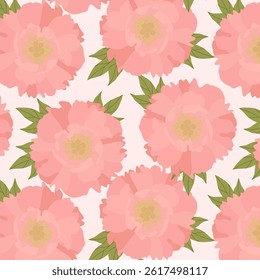 Seamless pattern with peony flower. Pink peonies and leaves are chaotically located on a light background. Vector color background. For fabric, printing, postcards, textiles, wallpapers, posters, web