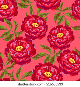 Seamless pattern with peony flowers. Bright buds and leaves.