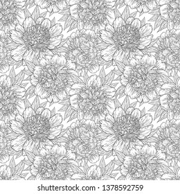 Seamless pattern with peony flowers hand drawn in lines. Graphic doodle sketch floral background. Vector illustration