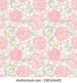 Seamless pattern with peony flowers hand drawn in lines. Graphic doodle sketch floral background. Vector illustration