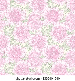 Seamless pattern with peony flowers hand drawn in lines. Graphic doodle sketch floral background. Vector illustration