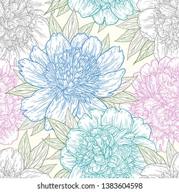 Seamless pattern with peony flowers hand drawn in lines. Graphic doodle sketch floral background. Vector illustration