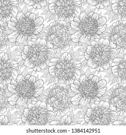 Seamless pattern with peony flowers hand drawn in lines. Graphic doodle sketch floral background. Vector illustration