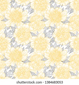 Seamless pattern with peony flowers hand drawn in lines. Graphic doodle sketch floral background. Vector illustration