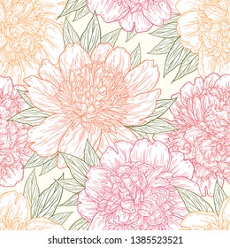 Seamless pattern with peony flowers hand drawn in lines. Graphic doodle sketch floral background. Vector illustration