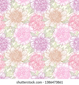 Seamless pattern with peony flowers hand drawn in lines. Graphic doodle sketch floral background. Vector illustration