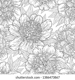 Seamless pattern with peony flowers hand drawn in lines. Graphic doodle sketch floral background. Vector illustration