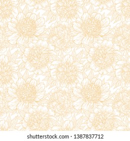 Seamless pattern with peony flowers hand drawn in lines. Graphic doodle sketch floral background. Vector illustration