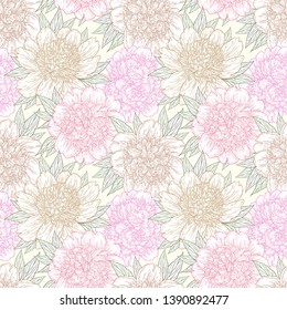 Seamless pattern with peony flowers hand drawn in lines. Graphic doodle sketch floral background. Vector illustration