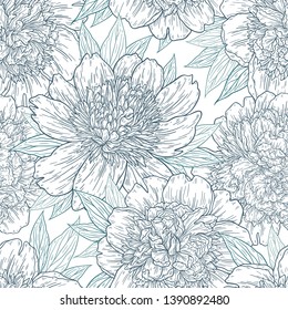 Seamless pattern with peony flowers hand drawn in lines. Graphic doodle sketch floral background. Vector illustration