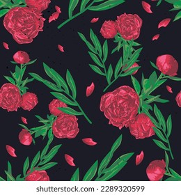 Seamless pattern with peony flowers. Hand drawn vector illustration.