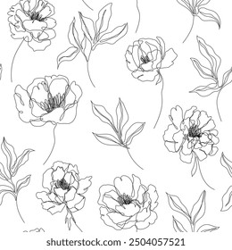 Seamless pattern with peony flowers and leaves. Hand drawn illustration.