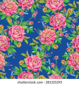seamless pattern of peony flowers with leaves and smaller flowers