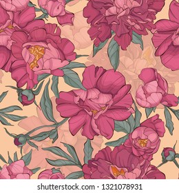 Seamless pattern peony flowers on yellow background. Element for design. Hand-drawn contour lines and strokes. Fashion vector illustration.