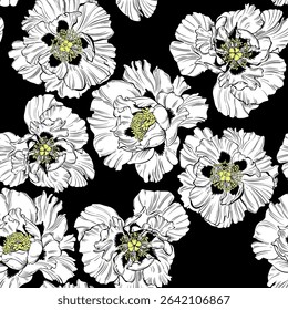 Seamless pattern with peony flowers on a  black background. Vector illustration. Silhouettes. Perfect for design templates, wallpaper, wrapping, fabric, print and textile.