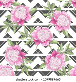 Seamless pattern with peony on abstract background