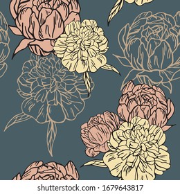 Seamless pattern with peony on a blue background. Art Deco style, vector illustration