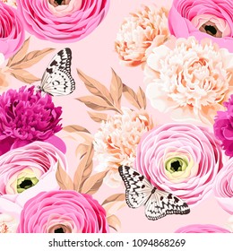 Seamless pattern with peony and ranunculus