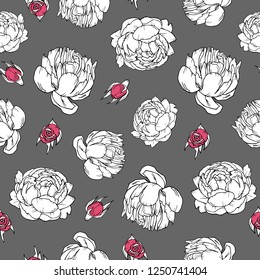 Seamless pattern Peony Rose, white black background, stunning peonies; Beautiful bud, vector objects, outline hand drawing