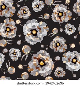 seamless pattern peony, roses. Drawn vintage flowers peonies branches, bouquets on black background. Big vintage floral texture print. Stock vector illustration