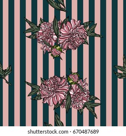 Seamless pattern with peony and stripes on pink background. Vector illustration.