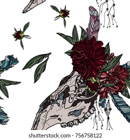 Seamless pattern with peonyflowers and animal skull. Drawing by hand. Boho style. Use for posters, postcards, print for t-shirt, tattoo.