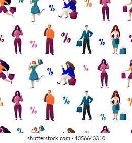 Seamless pattern with people with bags, man, girls are doing shopping. Person carries shopping bag, seasonal sale in shop, market, store. Cartoon characters on white background. Vector, flat style.