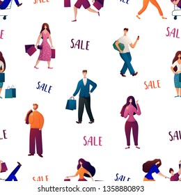 Seamless pattern with people with bags, man, girls are doing shopping. Person carries shopping bag, seasonal sale in shop, market, store. Cartoon characters on white background. Vector, flat style.