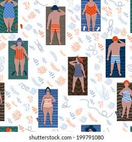 Seamless pattern with people in the beach. Cute summer pattern